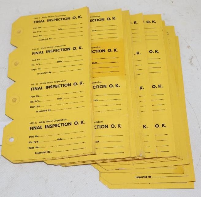 Group of 100 NOS White Motor Corporation O.K. Final Inspection Tags: each tag measures 4.25" x 2" tags come in groups of 4 perforated sheets