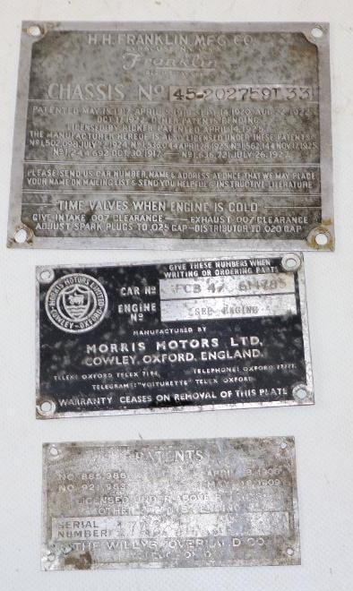 Group of 3 Franklin, Morris And Willys- Overland Motor Car Co Serial Data Tags (1 of 2)