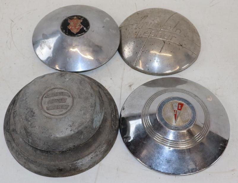 Group of 4 Chrysler, Oldsmobile, Zephyr And Hudson Dog Dish Hubcaps: largest is 9" diameter