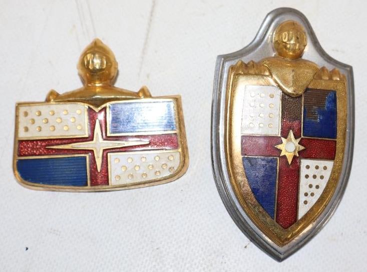 Group of 2 1950-51 Cloisonne Lincoln Hood And Trunk Emblems: largest is 4" x 2.25"