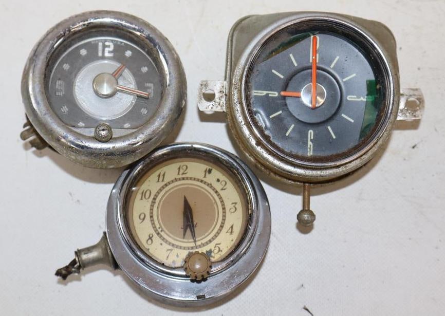 Group of 3 Different 1950's Automobile Clocks: largest is 3" diameter