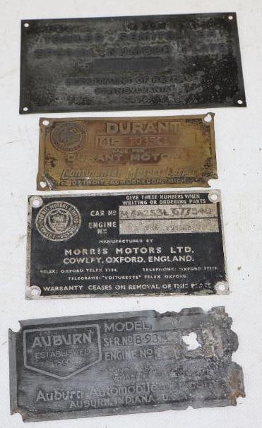 Group of 4 Durant, Morris, Auburn And Pennsylvania Department of Revenue Trailer Identification Name: largest is 5" x 2.75"