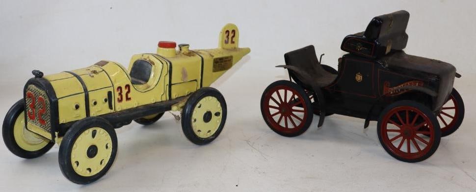 Group of 2 Early Oldsmobile Roundabout And Race Car Jim Beam Decanters: largest is 15" x 5.50" x 5.50"