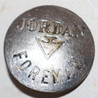 Jordan Motor Car Co Forman Employee Pin Back Badge: 1.25" diameter