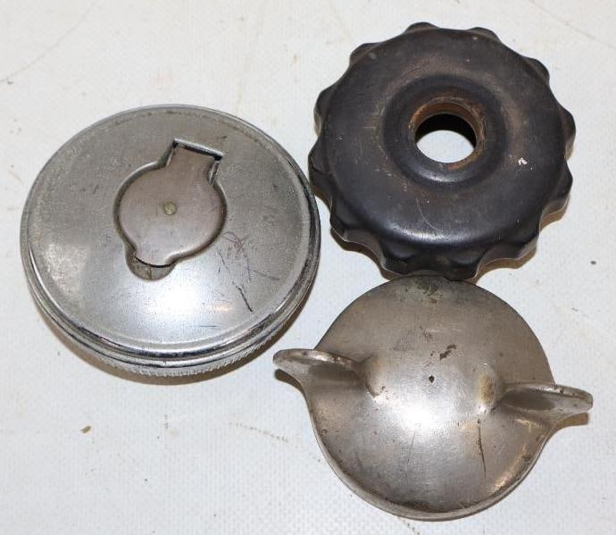 Group of 3 Different Metal And Bakelite Radiator Caps: largest is 3" diameter