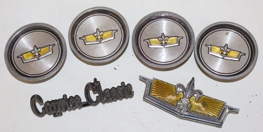 Group of 6 Caprice Classic Center Caps And Fender Emblems: largest is 3.50" x 1.50"