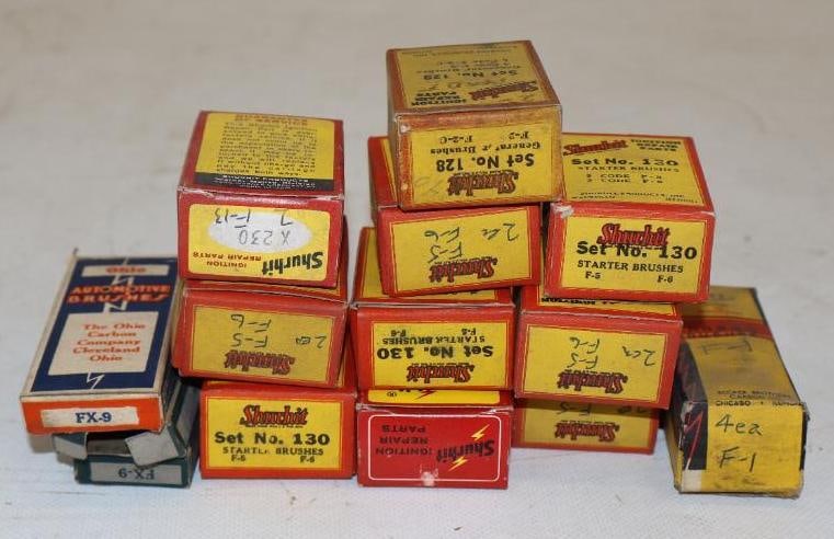 Group of 14 Shurhit, Standard And Ohio Ignition Parts And Brushes: largest is 3" x 1.25" x 1"