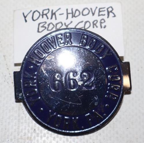 York-Hoover Body Corp Employee Pin Back Badge: 1.50" diameter