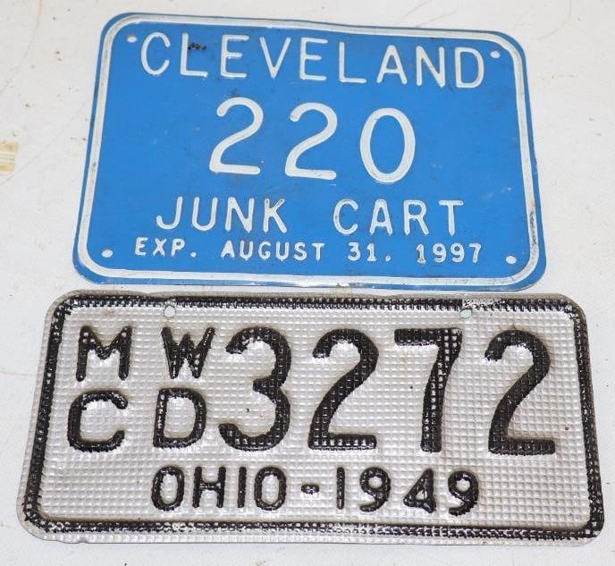 Group of 2 1949 MWCD And 1997 Cleveland Junk Cart Licenses Plates: largest is 9" x 4.50"