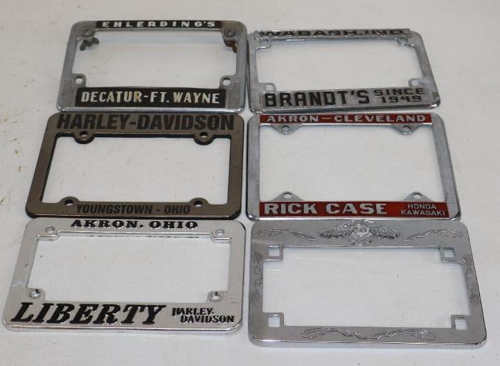 Group of 6 Different Harley Davidson And Motorcycle Dealership Licenses Brackets: largest is 7.50" x 5"