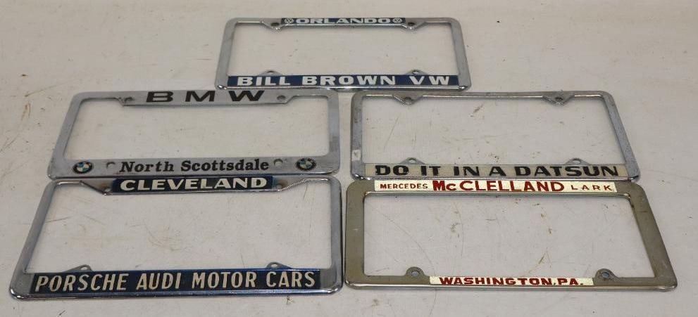 Group of 5 Mercedes, Porsche, BMW, VW, And Datsun Dealership Licenses Plate Brackets (1 of 5)