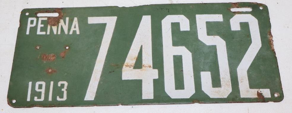 1913 Penn Porcelain Automobile License Plate: 14" x 6"