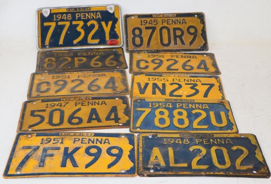 Group of 10  1940's and 1950's Penna State Shaped Embossed Automobile License Plates (1 of 5)