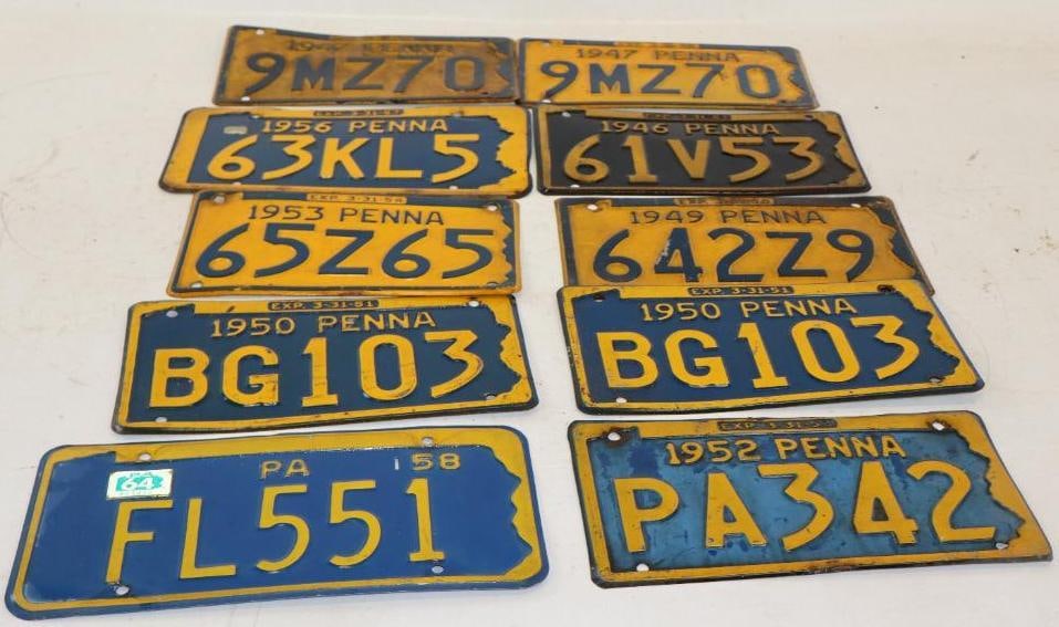 Group of 10  1940's and 1950's Penna State Shaped Embossed Automobile License Plates (1 of 5)