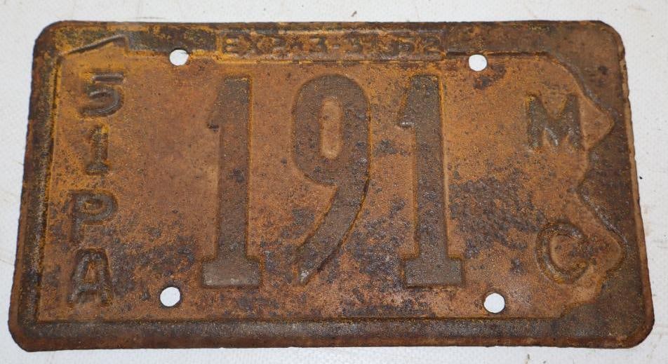 1951 Penn State Shaped Motorcycle License Plate: 8" x 4.25"