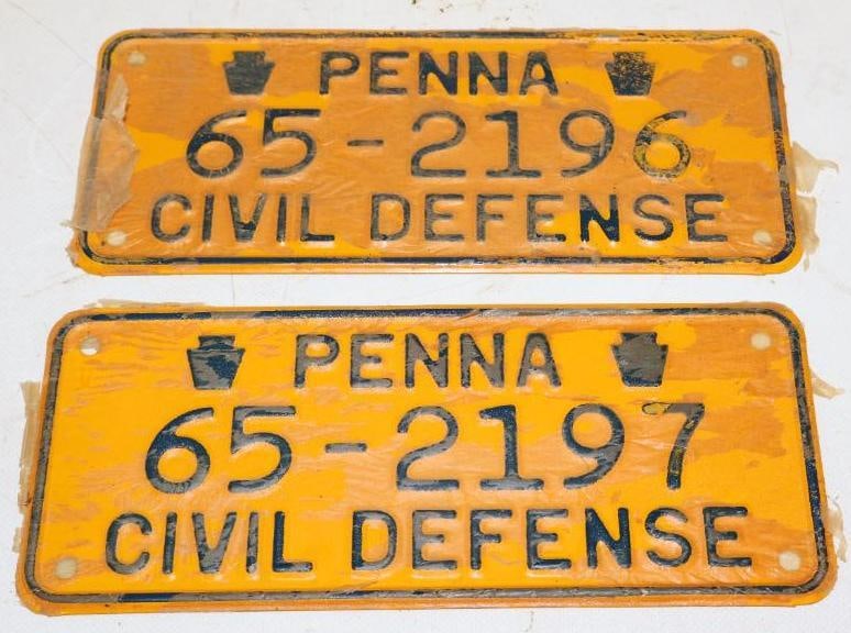 Group of 2 Penn Civil Defense NOS License Plates: 9.50" x 4" each both have rice paper on them