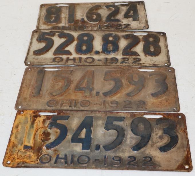 Group of 4 1922 Ohio Embossed Automobile License Plates: largest is 13" x 5.50" contains 1 pair