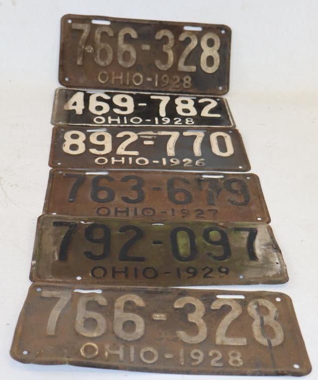 Group of 6 1926-1929 Ohio Embossed Automobile License Plates: 14" x 5.75" each 1 pair of 28's and 1 has been repainted