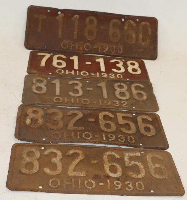 Group of 5 1930 and 32 Ohio Embossed Automobile License Plates: largest is 16.25" x 5.75" there is 1 pair of 30's