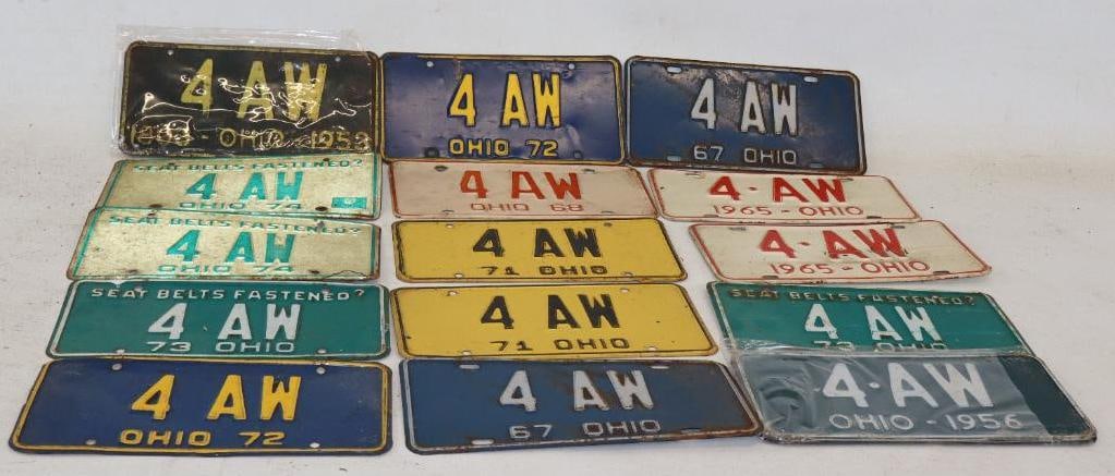 Group of 15 Ohio 4-AW 1950's - 1970's Ohio Embossed Automobile License Plates: 12" x 6" each