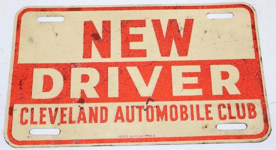 Cleveland Automobile Club New Driver Reflective Booster License Plate: 10" x 6", marked Scioto Sign Kenton Ohio