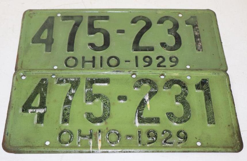 Pair of Ohio 1929 Original Paint Automobile License Plates: 14" x 5.75" each