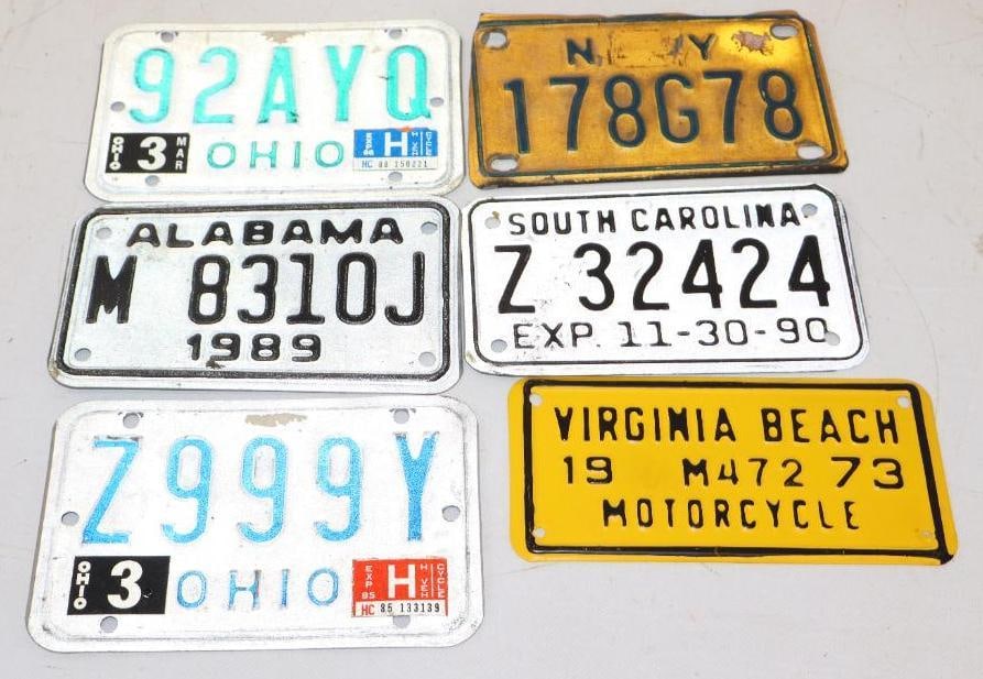 Group of 6 Alabama, South Carolina, Virginia Beach, Ohio, New York Motorcycle License Plates: 7" x 4.5" largest