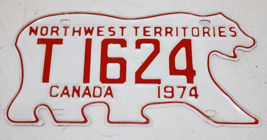 Northwest Territories 1974 Polar Bear Shaped Automobile License Plate: 12" x 6"