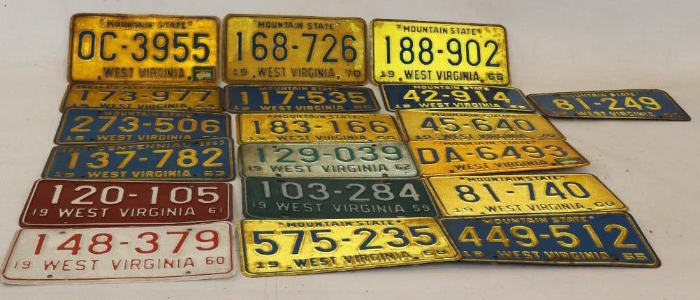 Group of 18 1950's-1970's Embossed West Virginia Automobile License Plates: 12" x 6" each