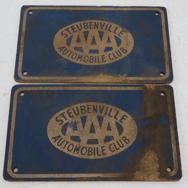 Group of 2 Steubenville AAA Automobile Club Reflective Masonite Booster License Plates: 10" x 6" each
