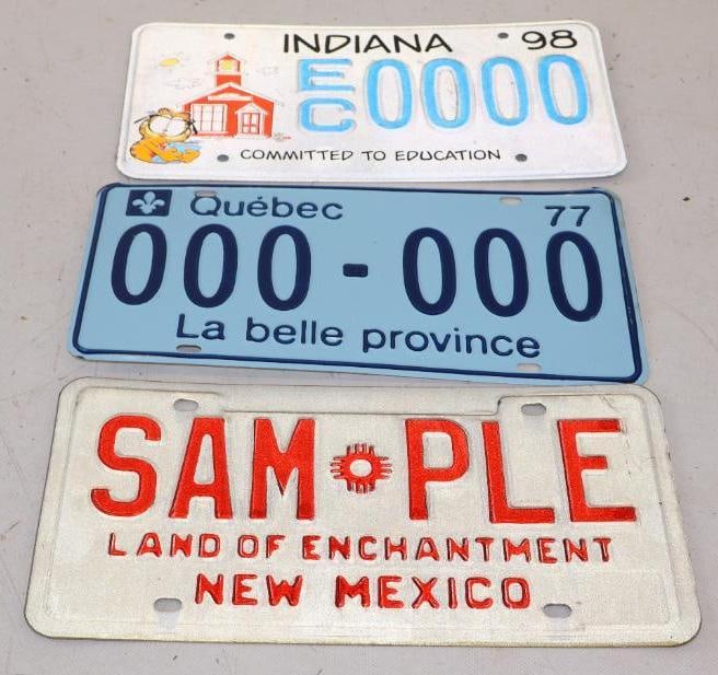 Group of 3 New Mexico, Indiana, Quebec Sample Automobile License Plates (1 of 2)