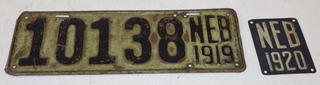 1919 Nebraska Automobile License Plate w/ 1920 Renewal Tag: plate measures 15" x 5.5", tag measures 3.5" x 4.75"