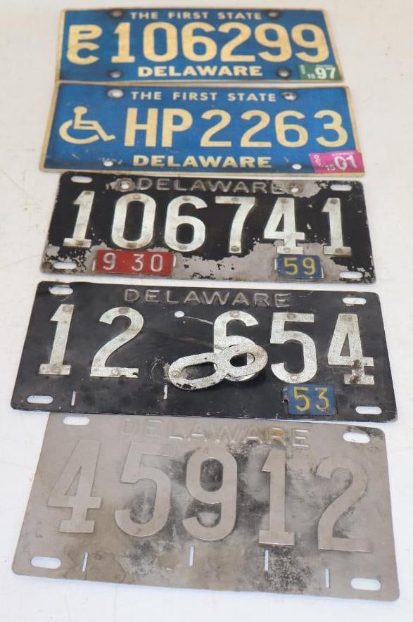 Group of 5 1950's-2000's Delaware Automobile License Plates: largest 12" x 6"