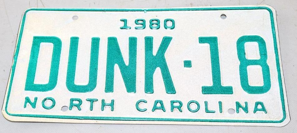 1980 North Carolina Dunk-18 Vanity Automobile License Plate: 12" x 6"