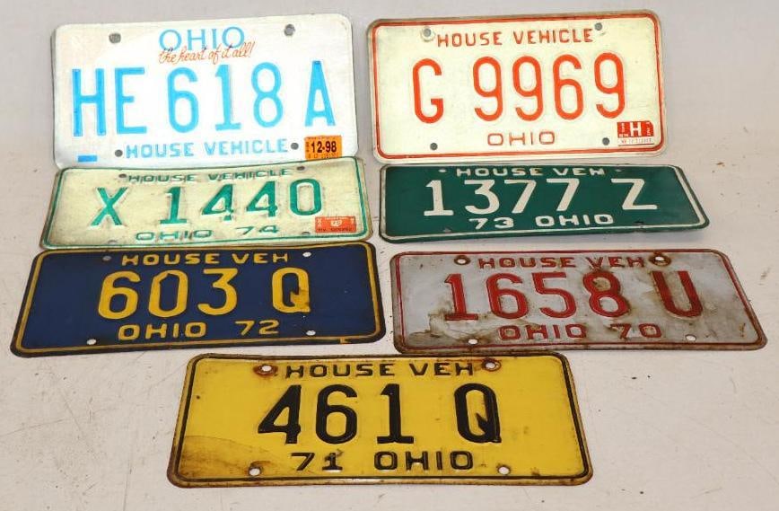 Group of 7 1970's & 1990's Ohio House Vehicle Embossed Automobile License Plates (1 of 2)