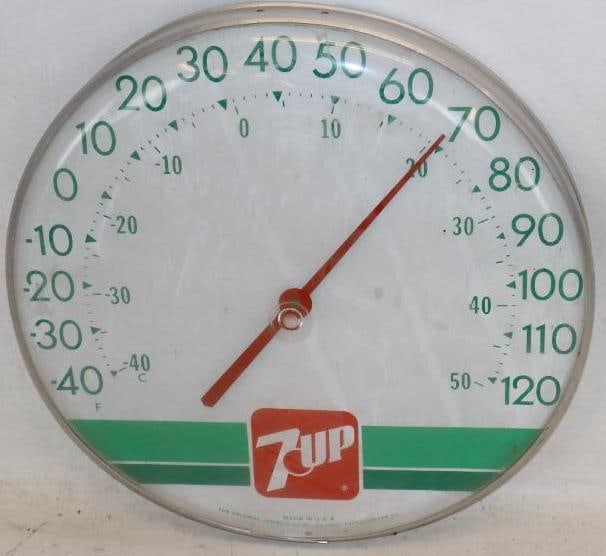 7-UP Jumbo Dial Advertising Thermometer: Appears to be working. Plastic face is marked "Ohio Thermometer Company." 12" diameter