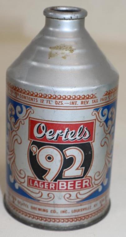 Oertel's '92 Lager Cone Top Beer Can: missing lid, 12 oz