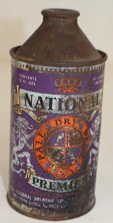National Premium Pale Dry Cone Top Beer Can: missing lid, 12 oz
