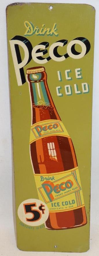 Drink Peco Ice Cold Cola Metal Door Push Advertising Soda Sign: Excellent color with some light discoloration around edges 4" x 14.75"