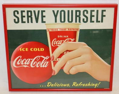 1950's "Serve Yourself Delicious Refreshing!" Ice Cold Coca-Cola Framed Cardboard Advertising Sign: Great color and gloss with a couple of creases 13" x 11"