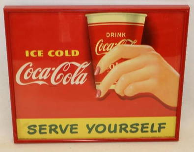 1950's "Serve Yourself" Drink Ice Cold Coca-Cola Framed Cardboard Advertising Sign: Has great color, some light staining and creases can be found, marked 1951 Coca-Cola Company Snyder & Black 13.25" x 11"