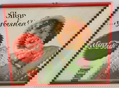 1950's "Shop Refreshed!" Drink Coca-Cola Framed Cardboard Advertising Sign: Sign has great color with some staining and rub marks 13.25" x 11.25"