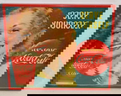 1950's "Serve Yourself" Drink Ice Cold Coca-Cola Framed Cardboard Advertising Sign: Has great color and some light surface impressions is marked Copyright 1951 Coca-Cola Company Snyder & Black 13.25" x 11"