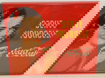 1950's "Serve Yourself" Drink Coca-Cola Framed Cardboard Advertising Sign: Sign has great color, there is some creasing and surface scratches and light fading around edges 13.25" x 11.25"