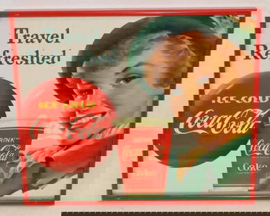 1950's "Travel Refreshed" Drink Ice Cold Coca-Cola Framed Cardboard Advertising Sign: Sign has light creasing along with great color, marked copyright 1951 Coca-Cola Company Snyder & Black 13.25" x 11"