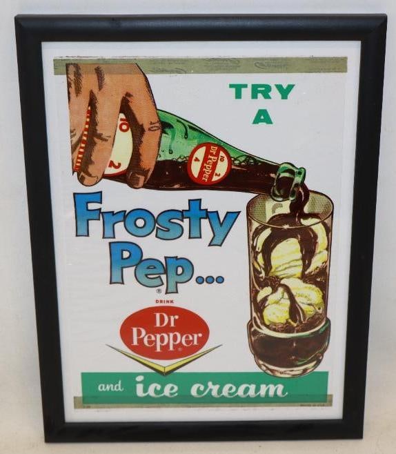 "Try A Frosty Pep" Drink Dr. Pepper And Ice Cream Framed Advertisement: Appears to be a translucent plastic advertisement with snow flakes in the background, in very nice condition 11.50" x 15.25"