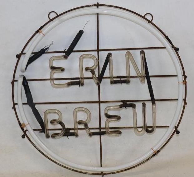 Erin Brew Light Up Advertising Window Neon: Appears to have no breaks. Does not have a transformer and will not currently light up. 17" diameter