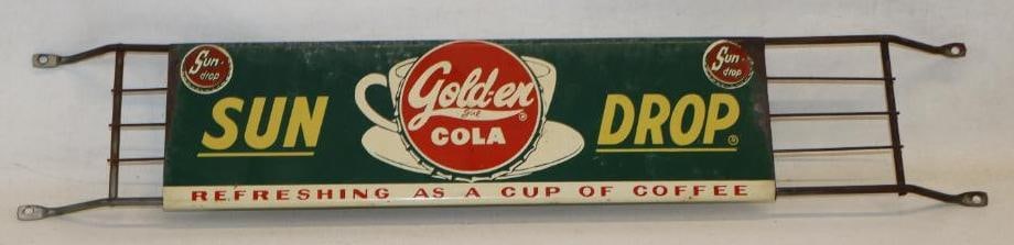 Sun-Drop Golden Girl Cola " Refreshing As A Cup Of Coffee" Metal Advertising Door Push: Has light surface rust and scratching, is marked Press Sign Co. St. Louis, adjustable smallest size is 29"x5"x1"
