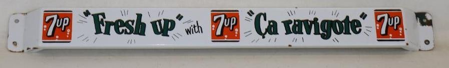 Fresh Up With 7 Up Soda Porcelain Advertising Door Push: Good gloss with light fading, has a couple of minor chips, marked P&M Orillia 64 31.5"x3"x1.5"