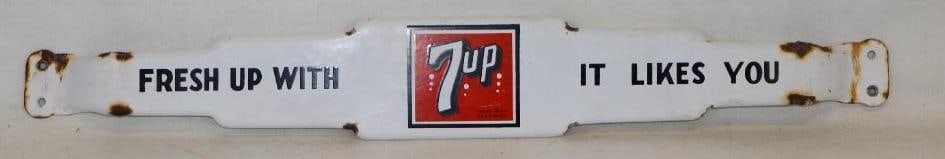 Fresh Up With 7 Up Soda It Likes You Porcelain Advertising Door Push: Has some scratching and chipping 29.75"x 4.25"x1"